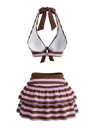 Set Bikini Viola Anni '50 a Righe con Fiocco e Volant