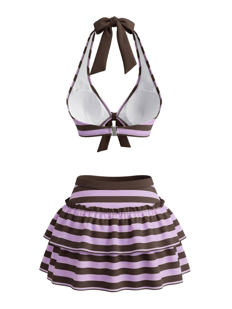 Set Bikini Viola Anni '50 a Righe con Fiocco e Volant