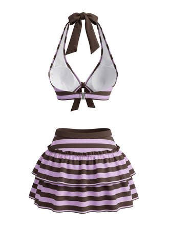 Set Bikini Viola Anni '50 a Righe con Fiocco e Volant