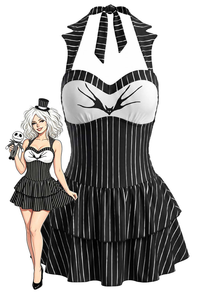 [Prevendita] Costume con Gonna Gotico con Pipistrello e Gessato con Allacciatura al Collo Nero Anni '50