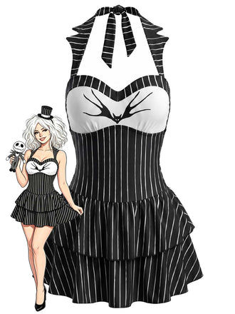 [Prevendita] Costume con Gonna Gotico con Pipistrello e Gessato con Allacciatura al Collo Nero Anni '50