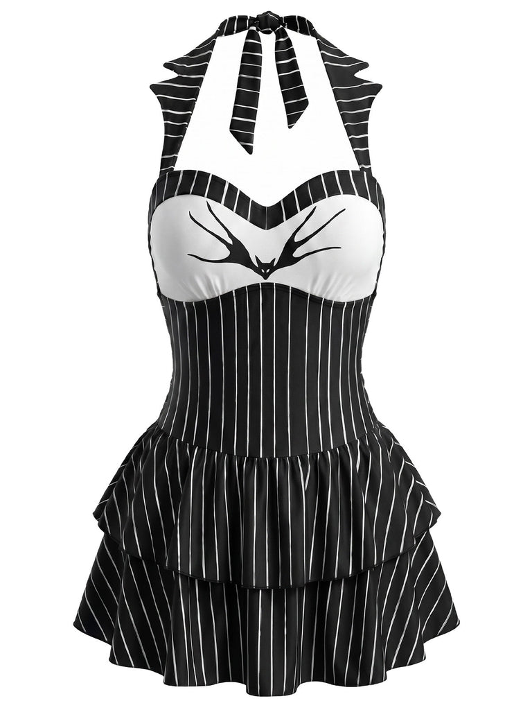 [Prevendita] Costume con Gonna Gotico con Pipistrello e Gessato con Allacciatura al Collo Nero Anni '50 2