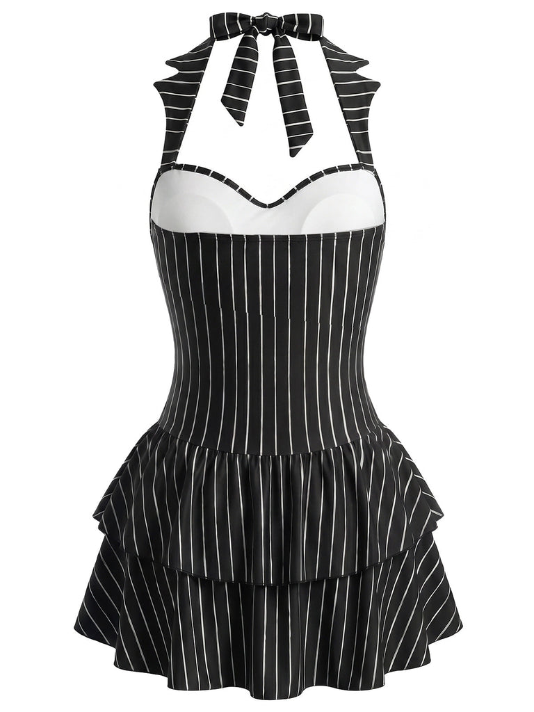 [Prevendita] Costume con Gonna Gotico con Pipistrello e Gessato con Allacciatura al Collo Nero Anni '50 3