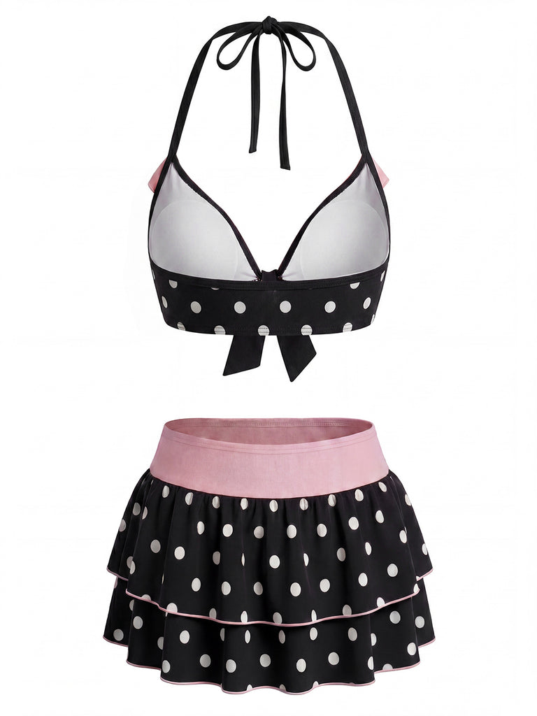 Set Bikini Nero Anni '40 a Pois con Scollo All'americana