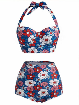 Set Bikini Rosso Blu e Bianco Anni '50 Floreale con Scollo All'americana
