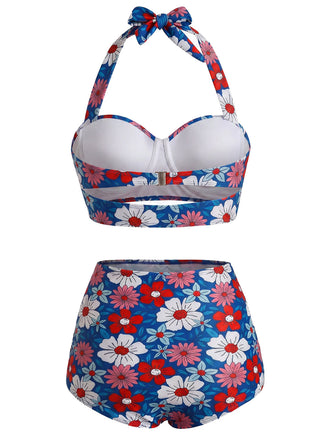 Set Bikini Rosso Blu e Bianco Anni '50 Floreale con Scollo All'americana