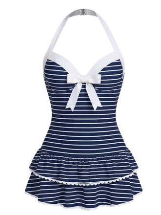 [Pre-Vendita] Costume Intero Blu Halter a Righe con Fiocco Anni '40