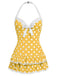 Costume da bagno intero fiocco a pois blu anni '40