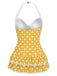 Costume da bagno intero fiocco a pois blu anni '40