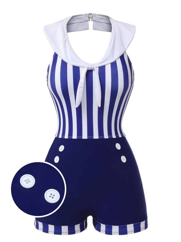 Costumi intero a righe con colletto marina blu anni '50