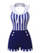 Costumi intero a righe con colletto marina blu anni '50