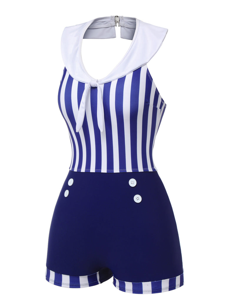 Costumi intero a righe con colletto marina blu anni '50