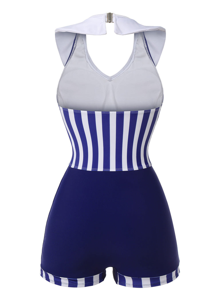Costumi intero a righe con colletto marina blu anni '50