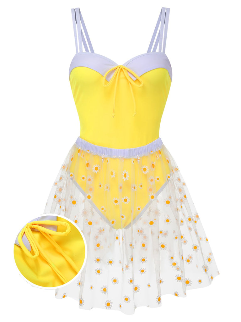 Costumi intero spalline e copricostume a margherite giallo anni '50