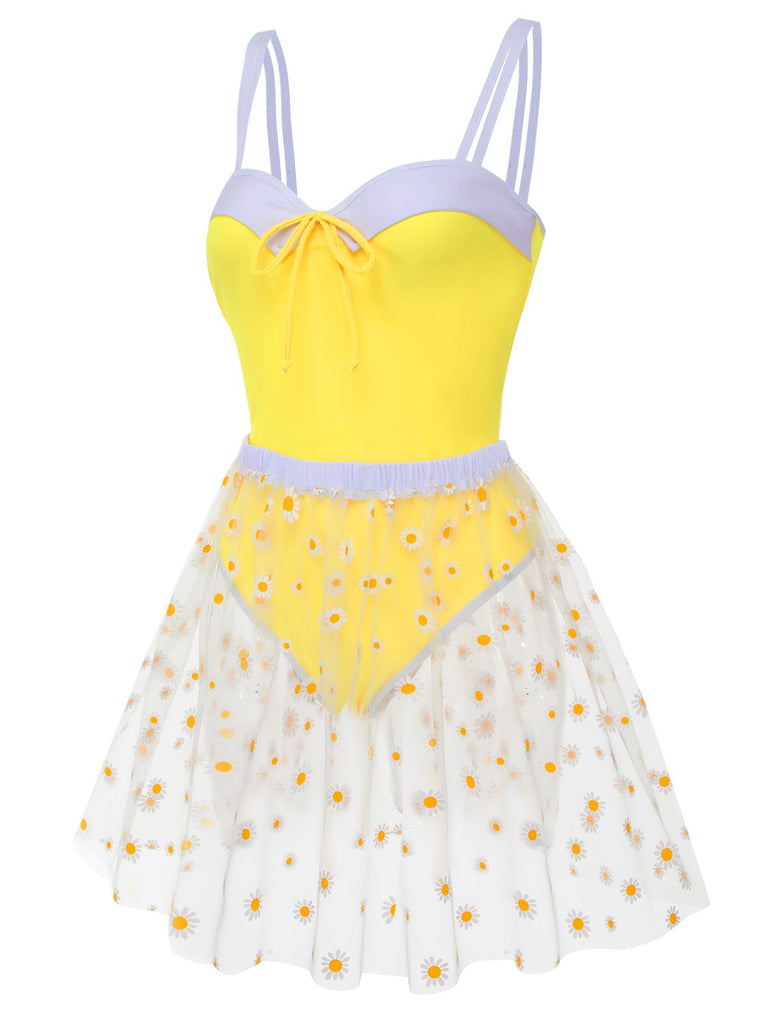 Costumi intero spalline e copricostume a margherite giallo anni '50