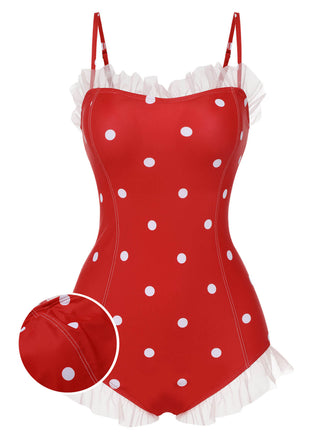 Costumi intero a pois volant in rete rosso anni '50