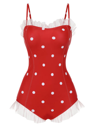 Costumi intero a pois volant in rete rosso anni '50
