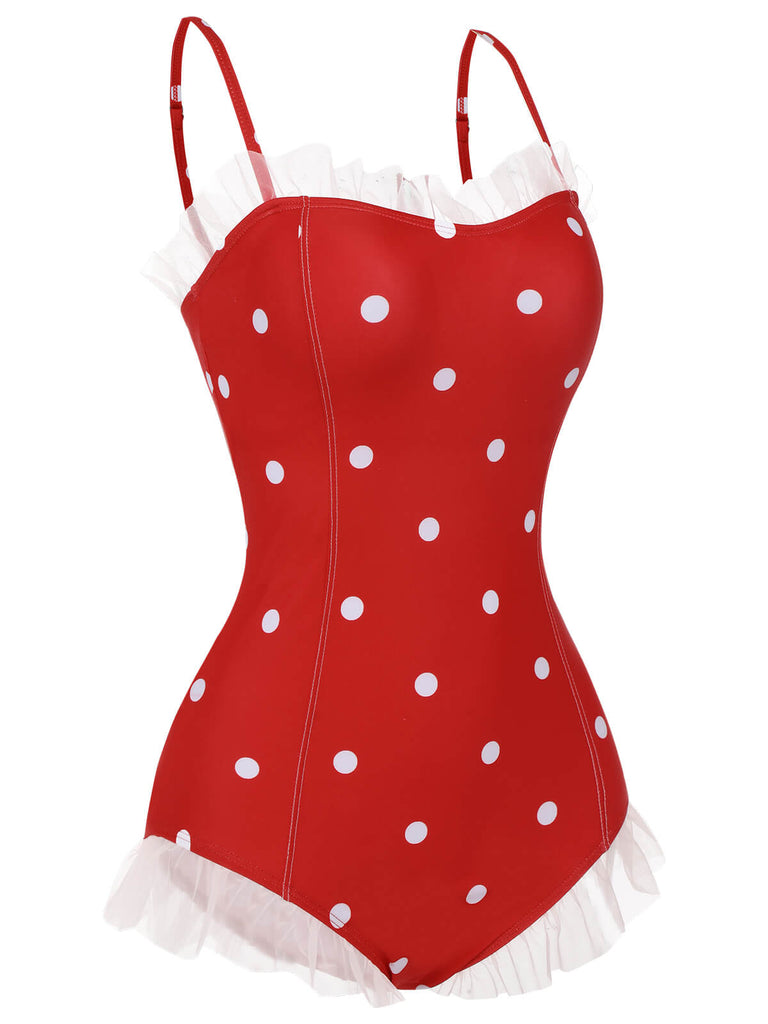 Costumi intero a pois volant in rete rosso anni '50