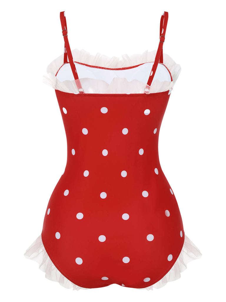 Costumi intero a pois volant in rete rosso anni '50