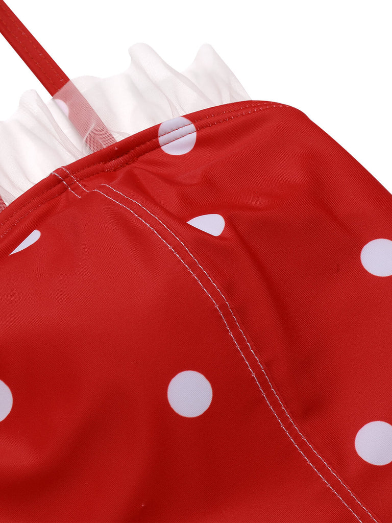 Costumi intero a pois volant in rete rosso anni '50