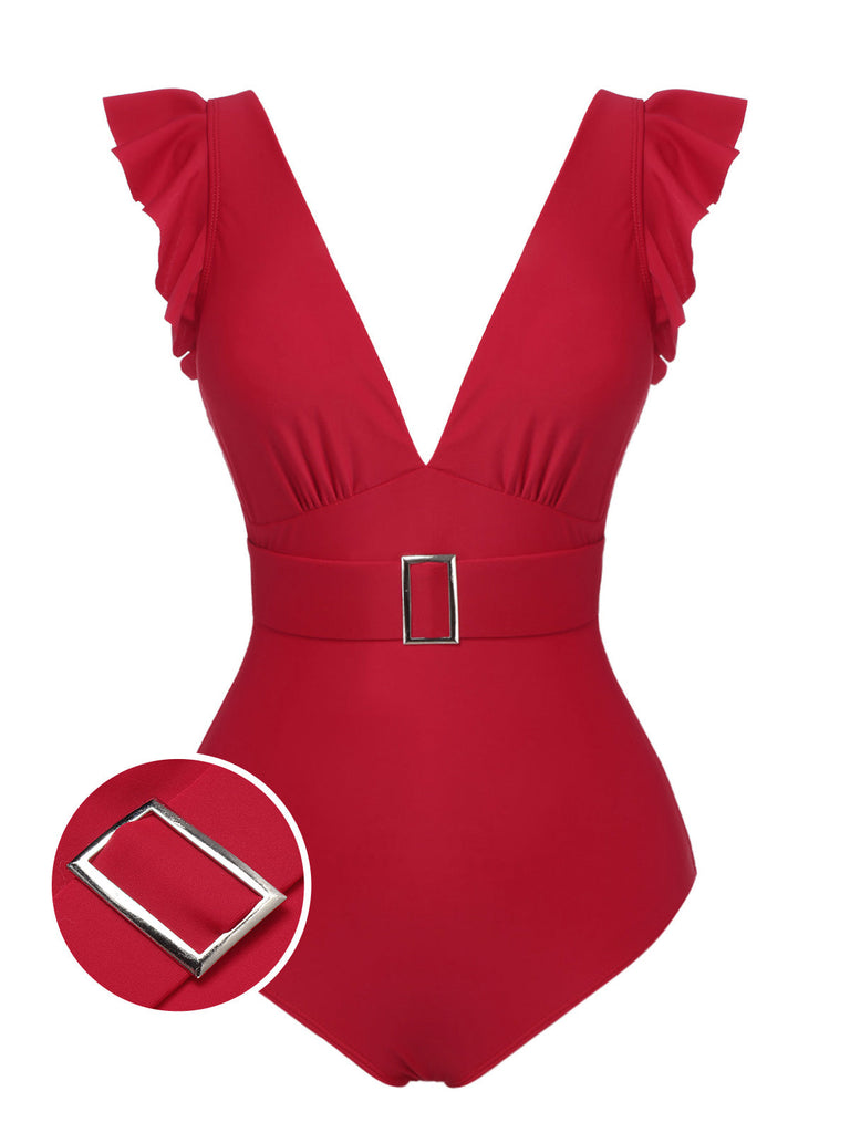 Costumi intero scollo a V profondo e cintura rosso anni '50