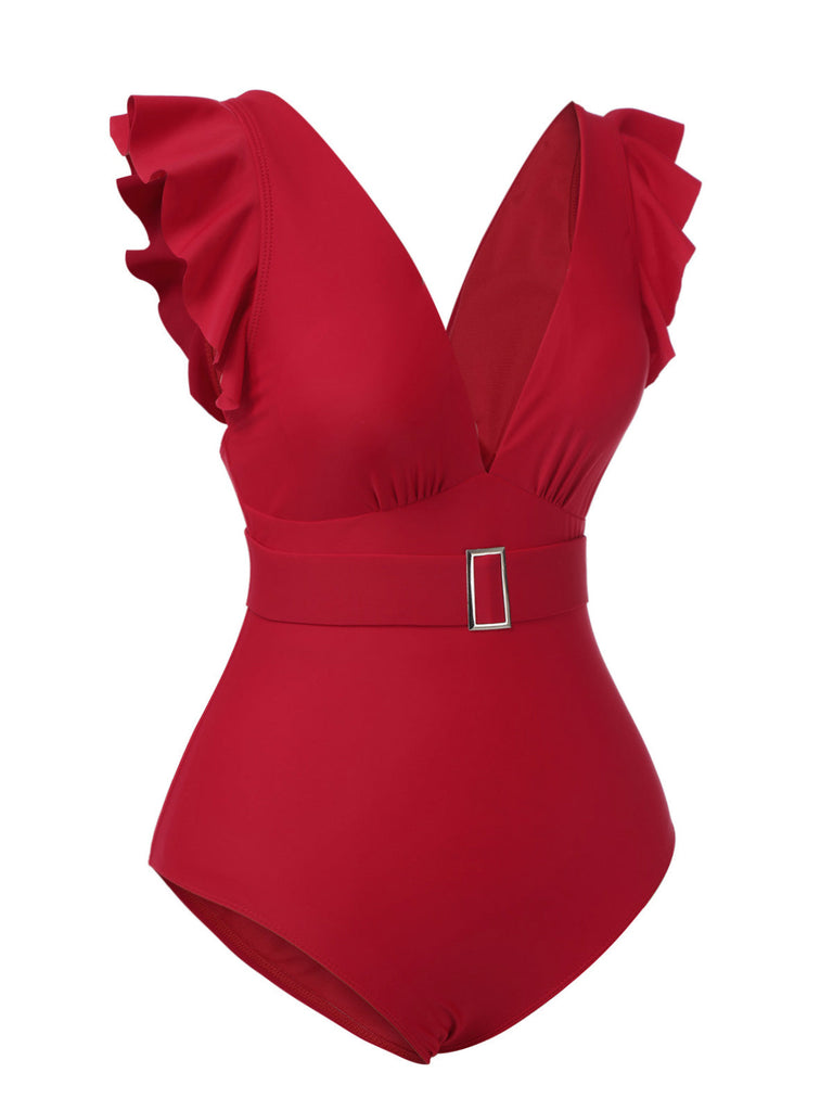 Costumi intero scollo a V profondo e cintura rosso anni '50