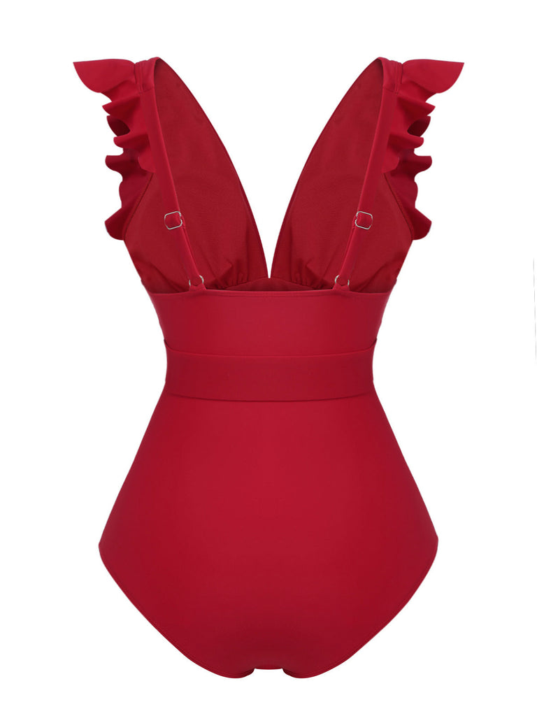 Costumi intero scollo a V profondo e cintura rosso anni '50