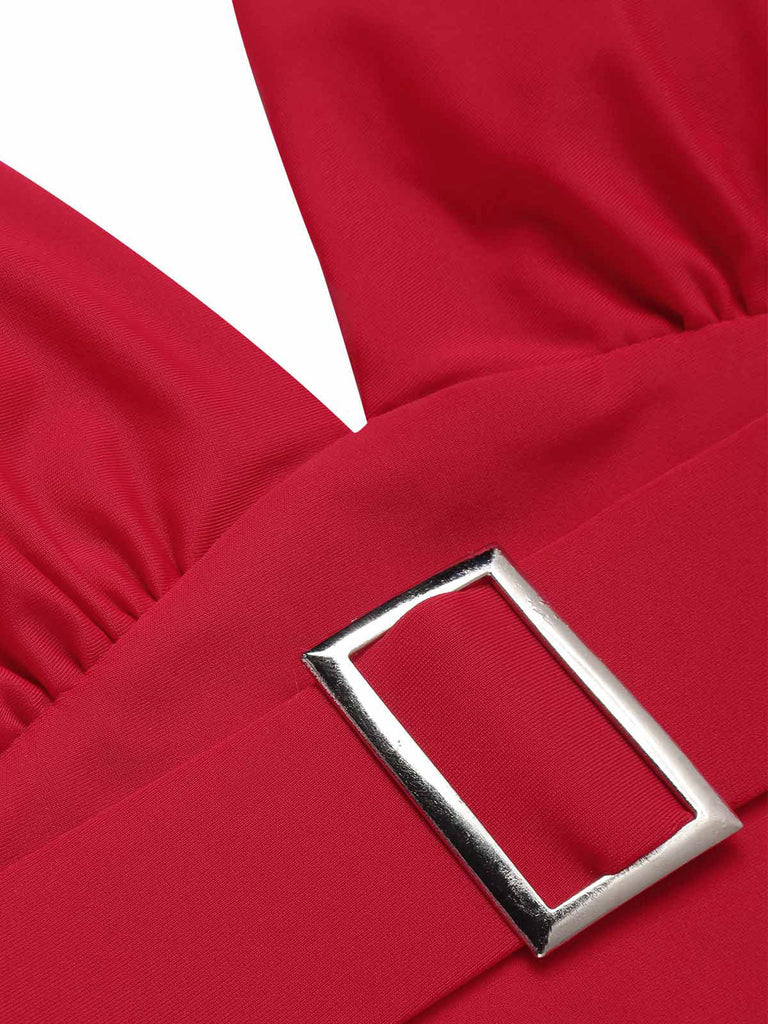 Costumi intero scollo a V profondo e cintura rosso anni '50