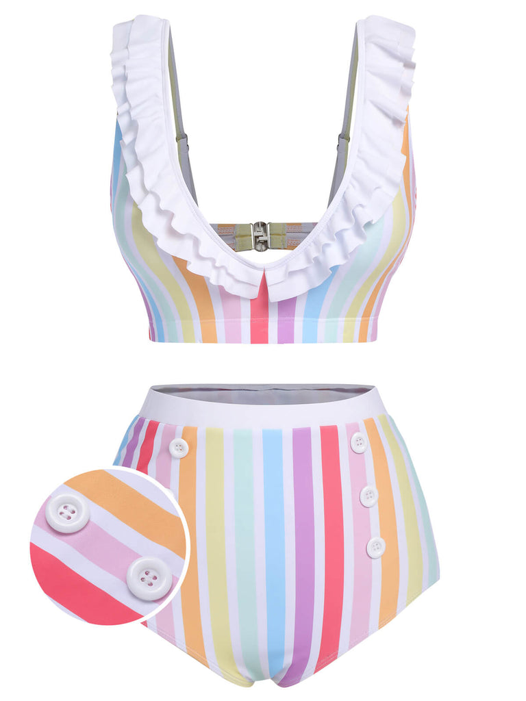 Costumi a righe arcobaleno volant multicolore anni '50