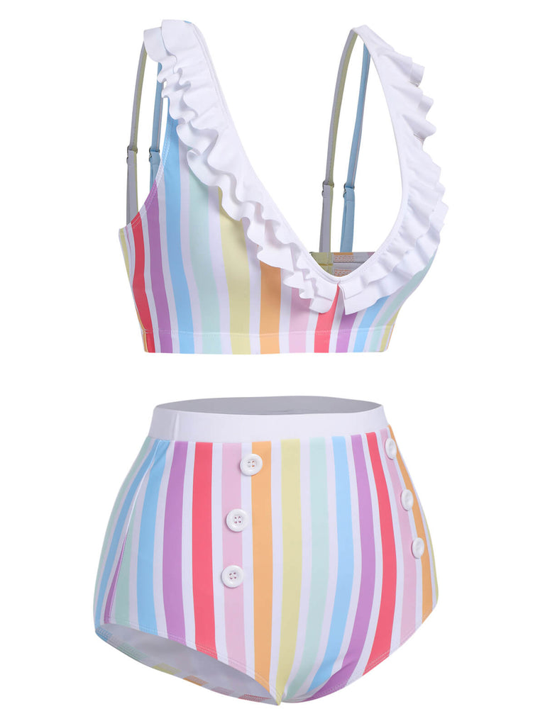 Costumi a righe arcobaleno volant multicolore anni '50
