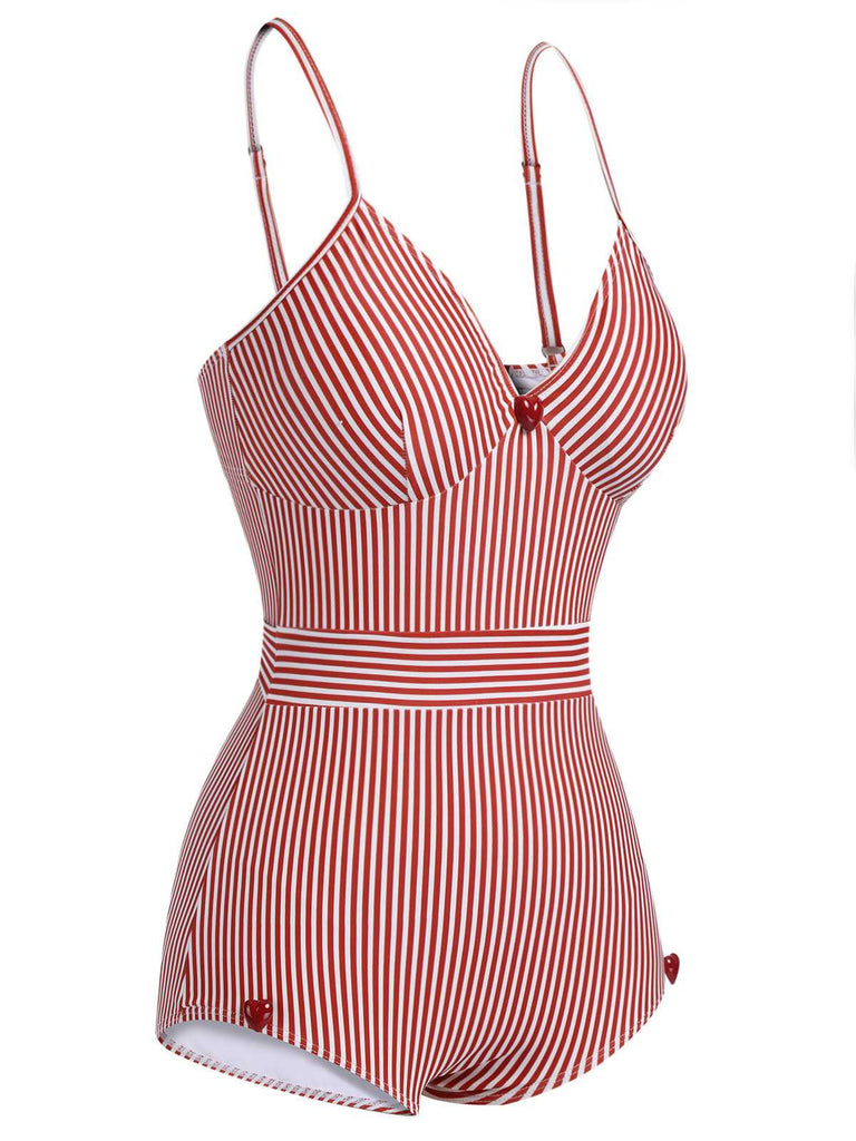 Red 1940s Spaghetti Strap Stripes One-Piece Swimsuit