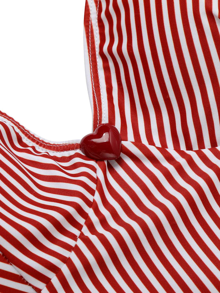 Red 1940s Spaghetti Strap Stripes One-Piece Swimsuit