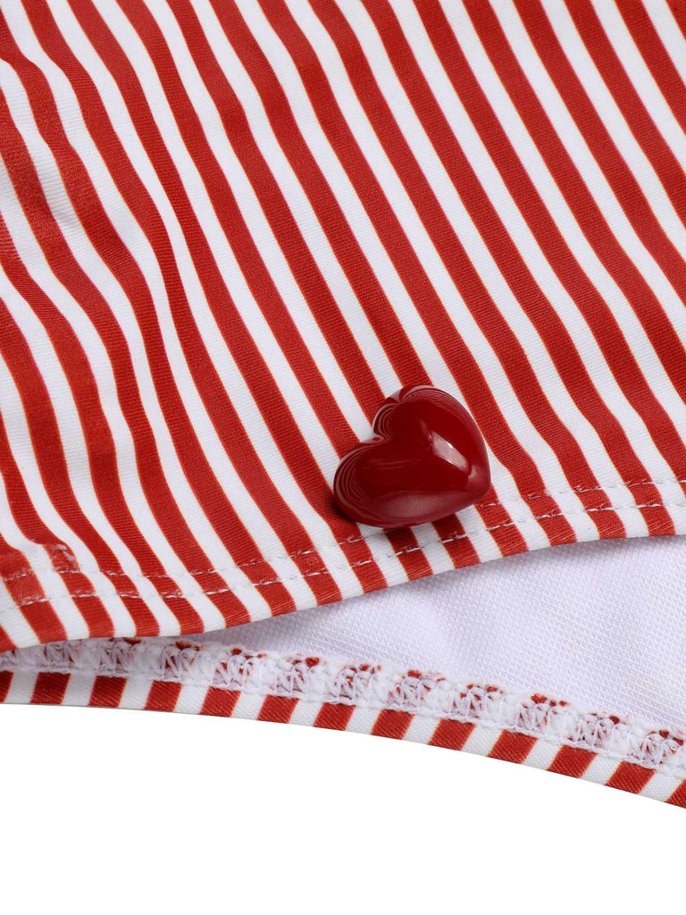 Red 1940s Spaghetti Strap Stripes One-Piece Swimsuit