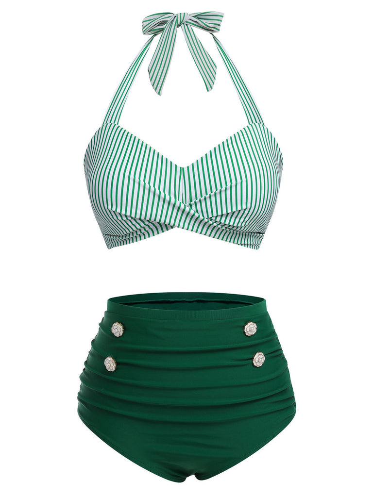 Costume da bagno con ferrettoa righe verdi anni '40
