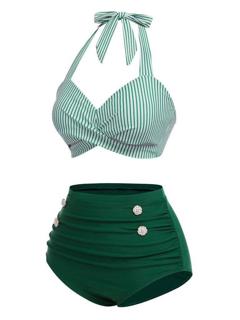 Costume da bagno con ferrettoa righe verdi anni '40
