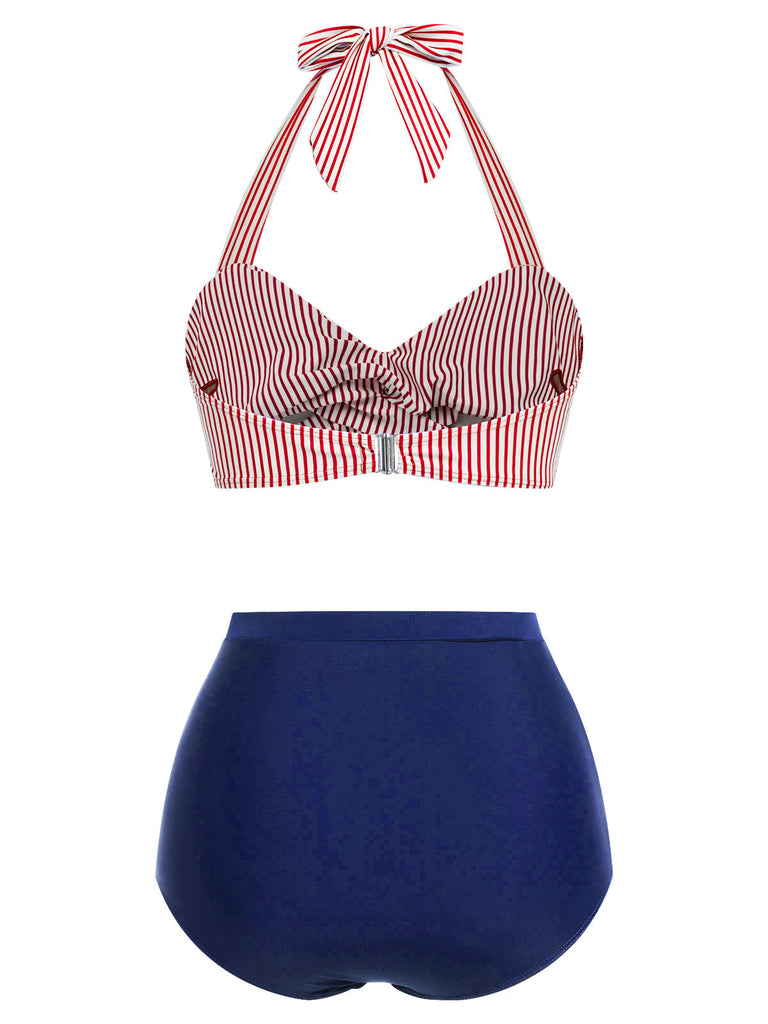 Completo da bagno patchwork a righe verticali rosso e blu anni '40