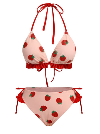 Costumi fragola lacci scollo all'americana rosa anni '50