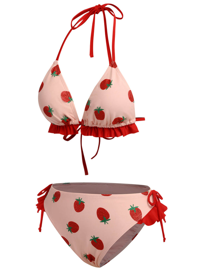 Costumi fragola lacci scollo all'americana rosa anni '50