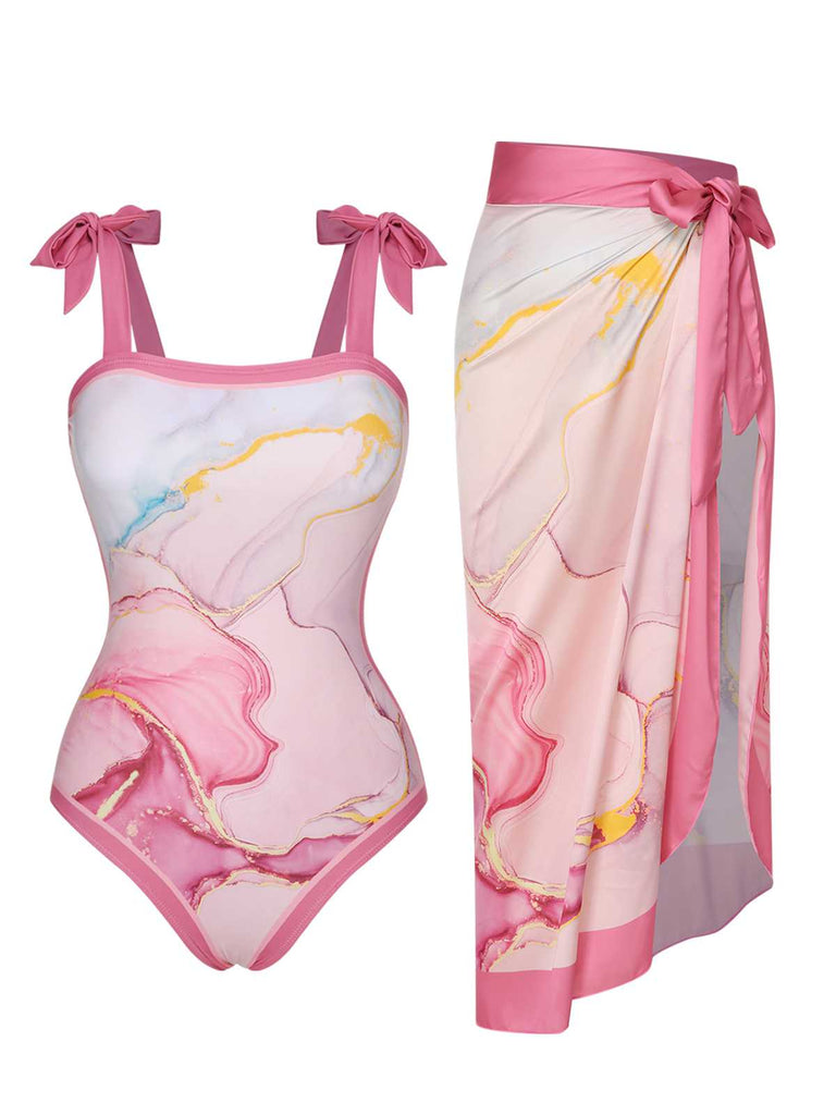 2PCS Costumi intero e copricostume con stampa rosa anni '50