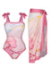 2PCS Costumi intero e copricostume con stampa rosa anni '50
