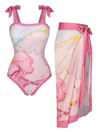 2PCS Costumi intero e copricostume con stampa rosa anni '50