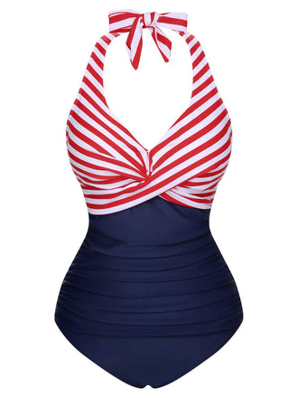 Costumi intero a righe scollo all'americana rosso anni '50