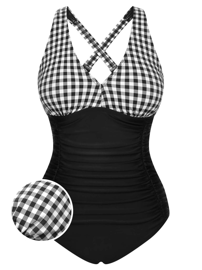 Costumi intero stampato spalline incrociate patchwork anni '50