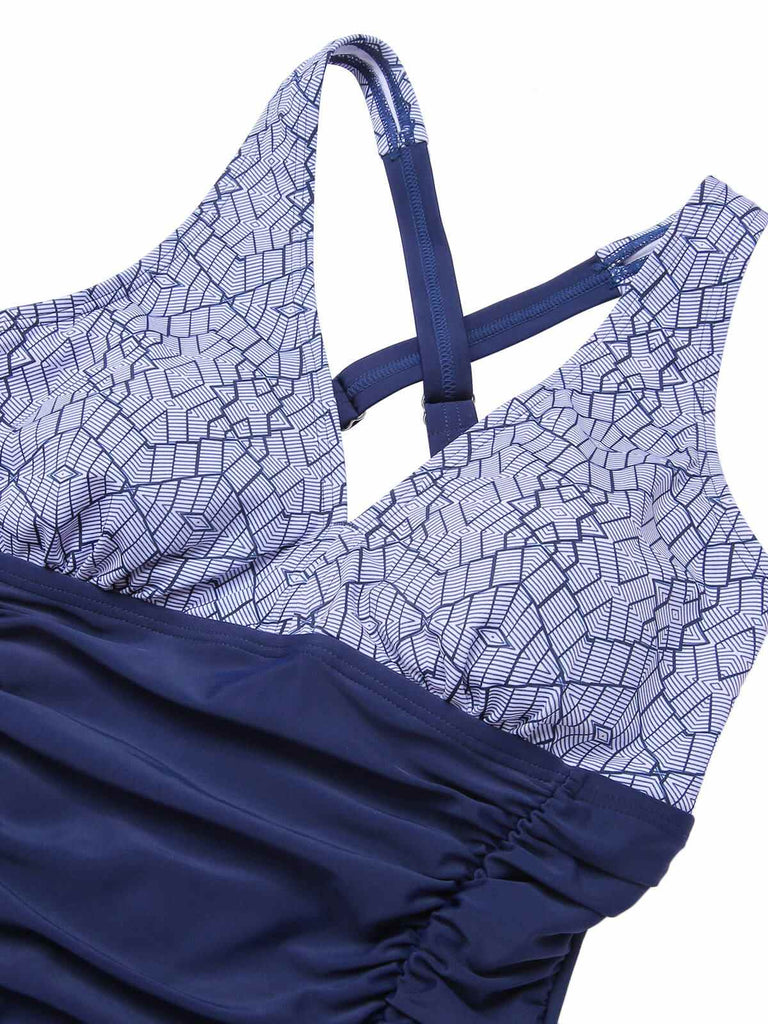 Costumi intero stampato spalline incrociate patchwork anni '50