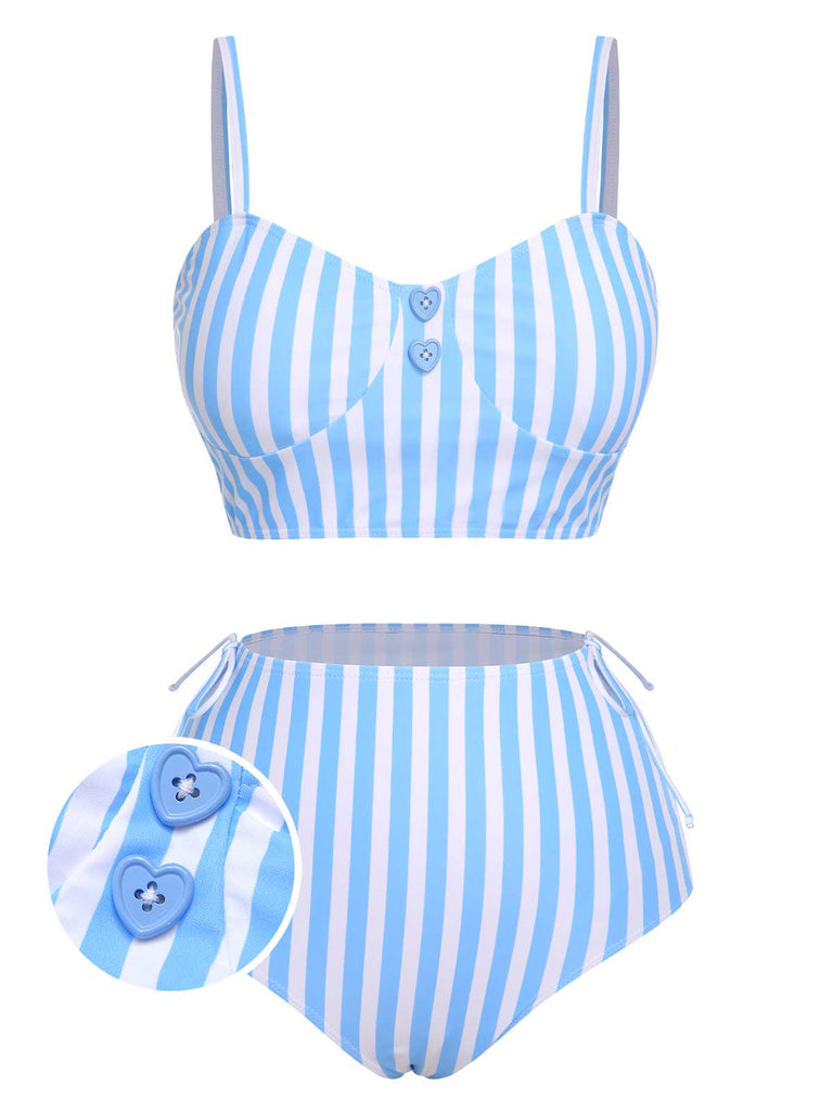Costumi a righe con bottoni a forma di cuore blu anni '50