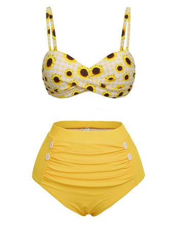 Costume da bagno giallo spalline sottili a quadri girasole anni '50