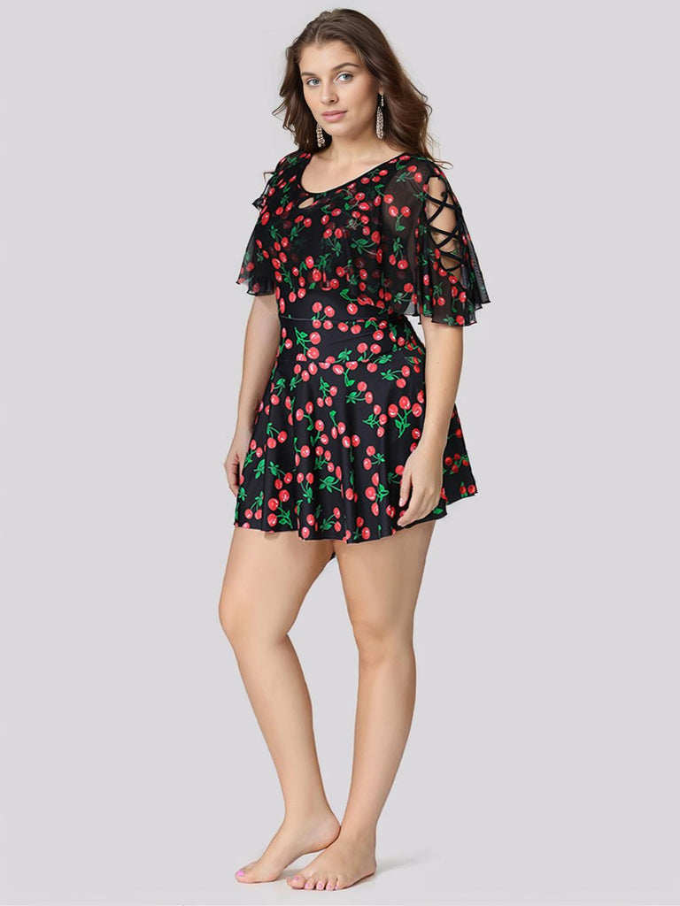 [Taglia Forti] Costumi con gonna a ciliegia nero anni '30