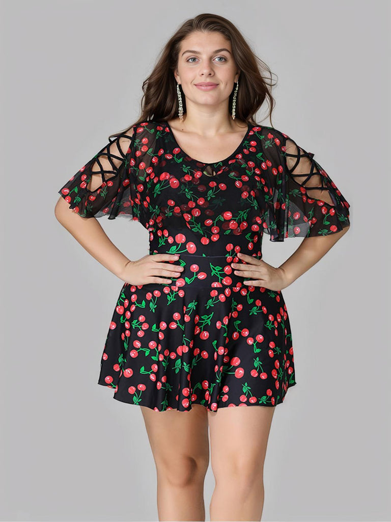 [Taglia Forti] Costumi con gonna a ciliegia nero anni '30
