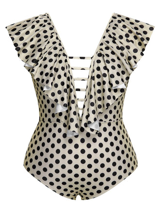 [Taglia Forti] Costumi intero con volant a pois beige anni '60