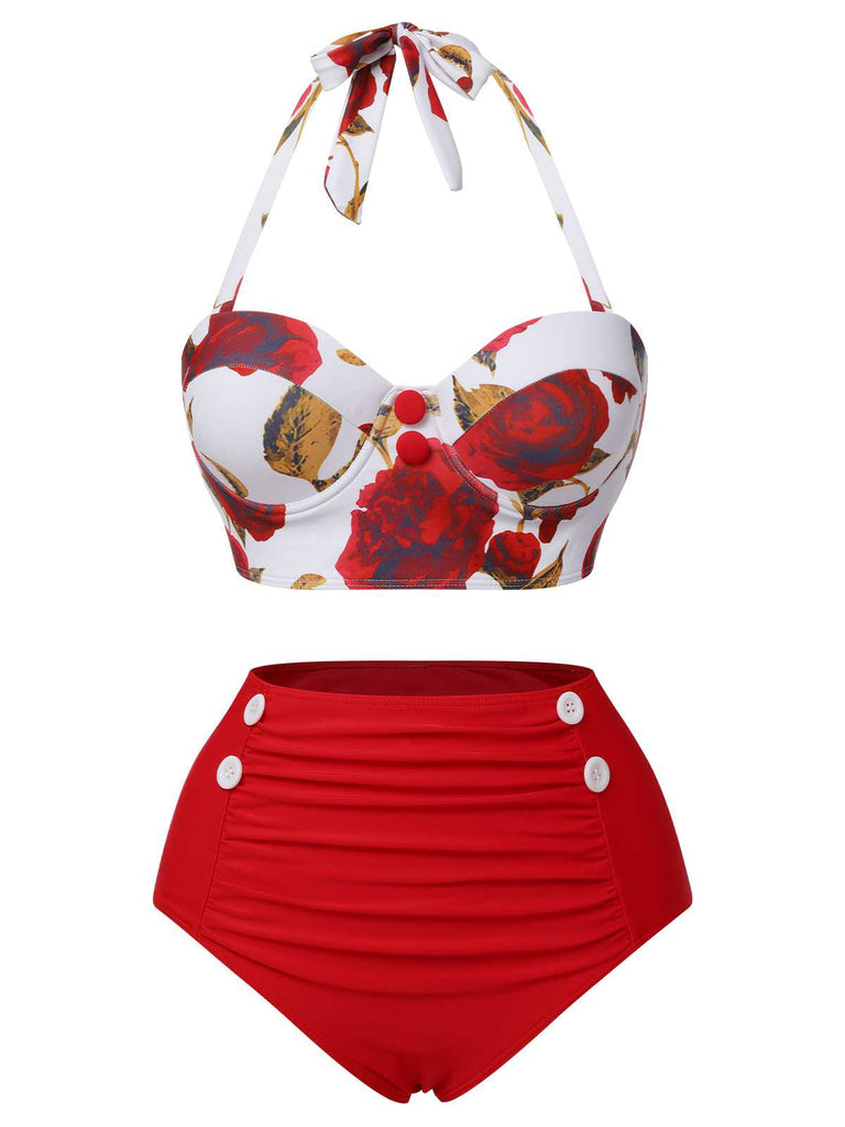 2PCS Costumi scollo a V gonna copricostume rose rosse anni '60